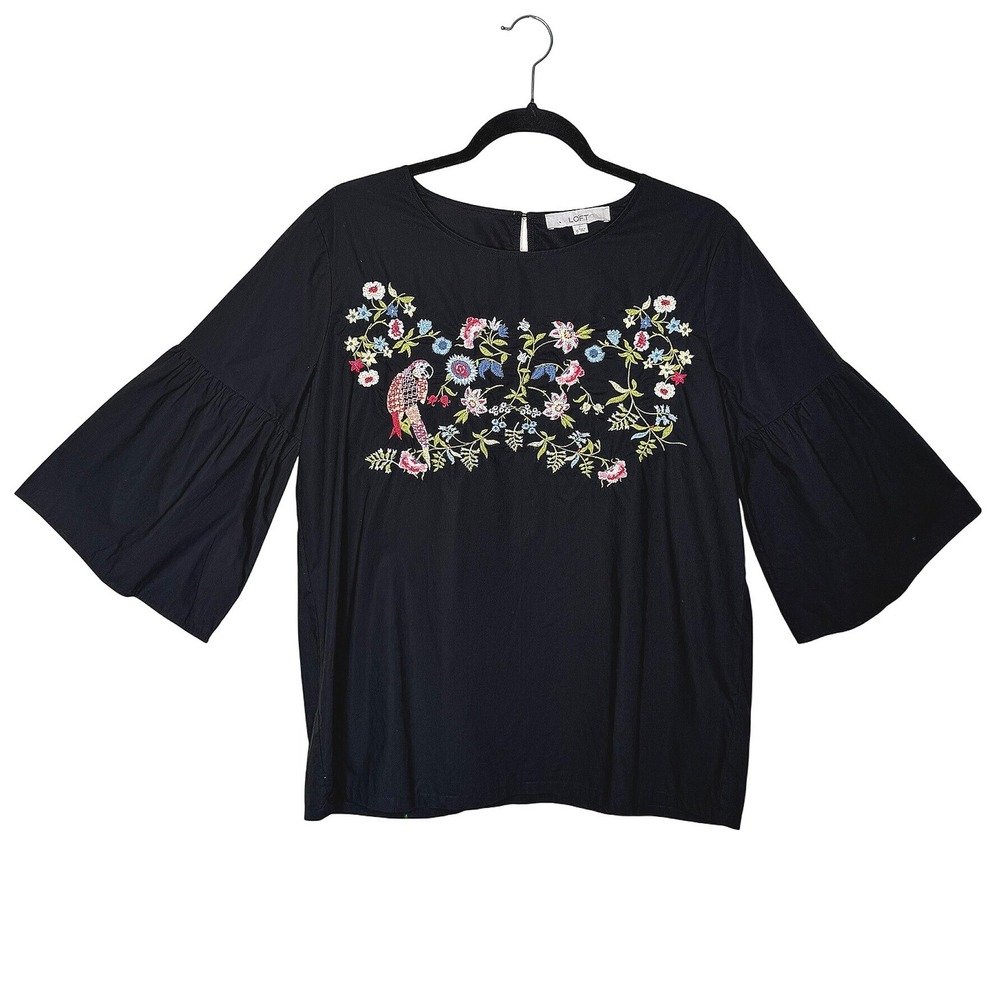 LOFT Cotton Parrot Floral Embroidered Bell Sleeve Blouse M Black Boho Peasant